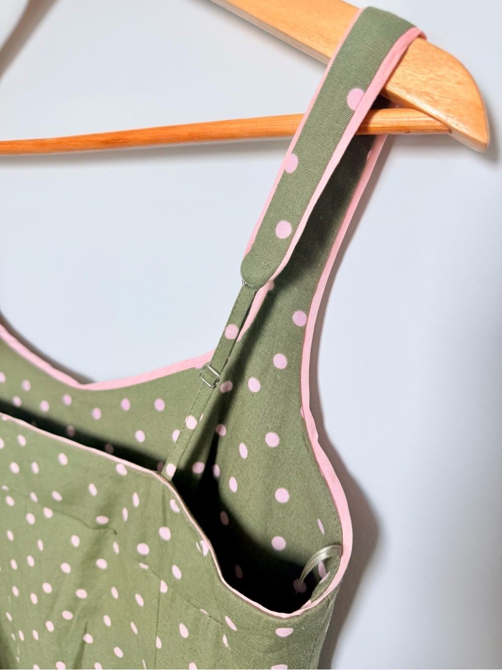 Linen Olive Green Polka Dot Midi Dress - Picture 10 of 10